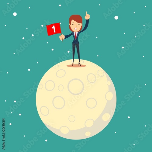 astronaut girl moon landing. a businesswoman conquered the moon. Happy businessman holding number one flag. Start up business concept. Stock flat vector illustration.