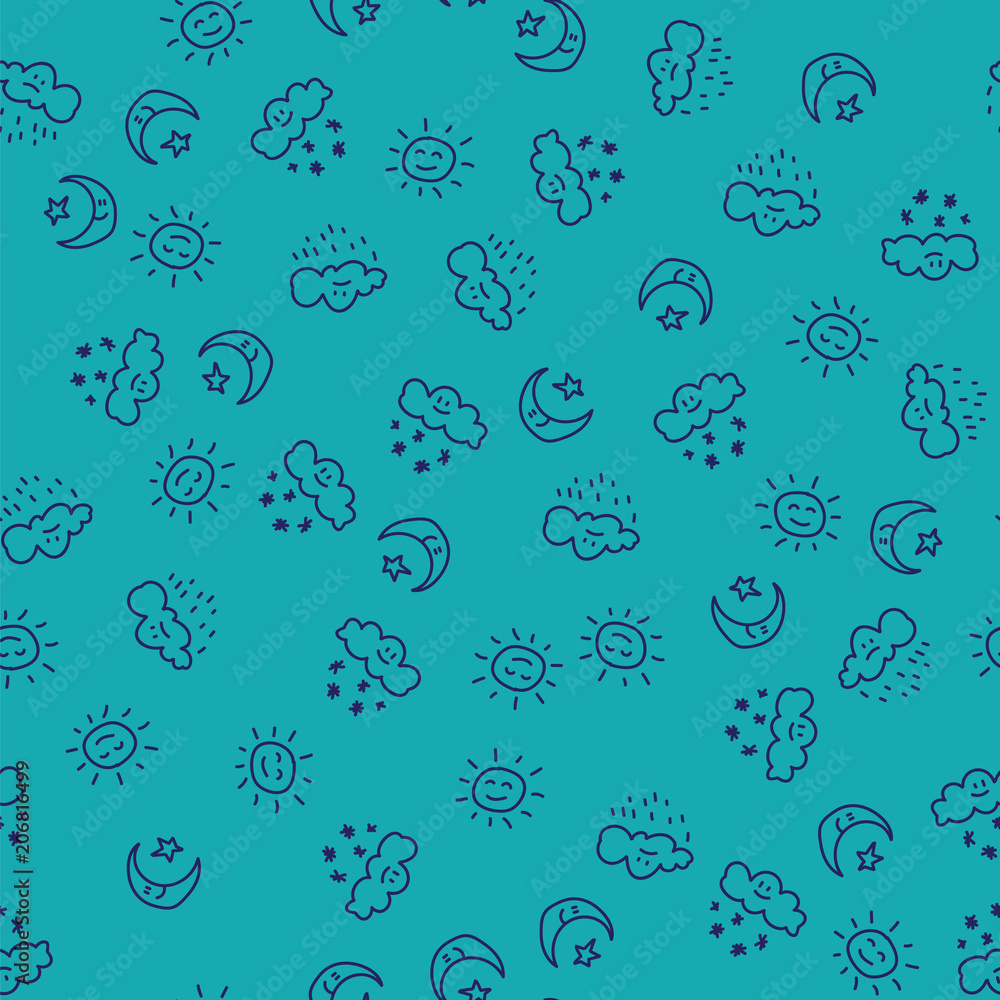 Weather pattern sun and moon with stars in sky, white clouds with rain drops and snowflakes on blue background. Meteorological concept. Weather pattern sun and moon with stars in sky, white clouds with rain drops and snowflakes on blue background. Meteorological concept.