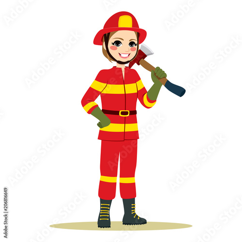 Happy female firefighter in red uniform standing holding axe working in traditional male role