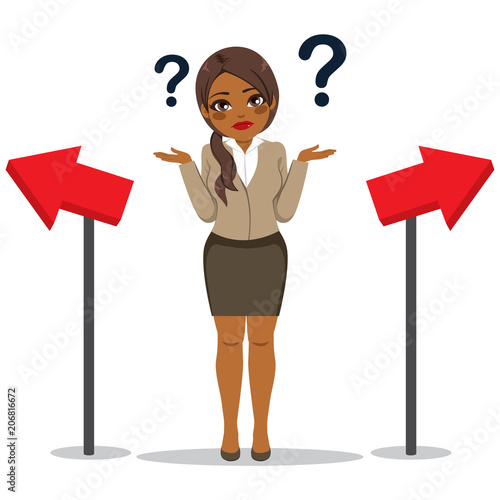 Young black African American businesswoman with confused face expression doubting direction choice concept