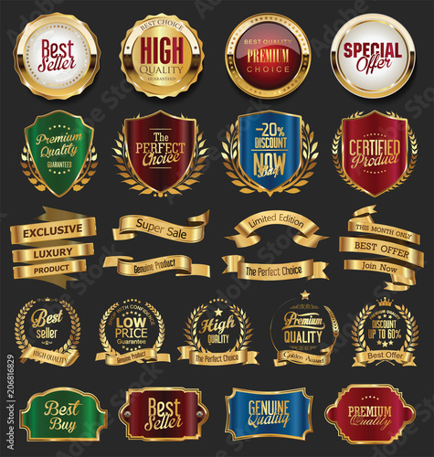 Collection of golden retro vintage badges 