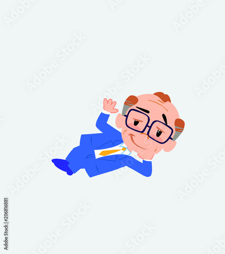 Old businessman with glasses lying, greets with a dreamy expression.