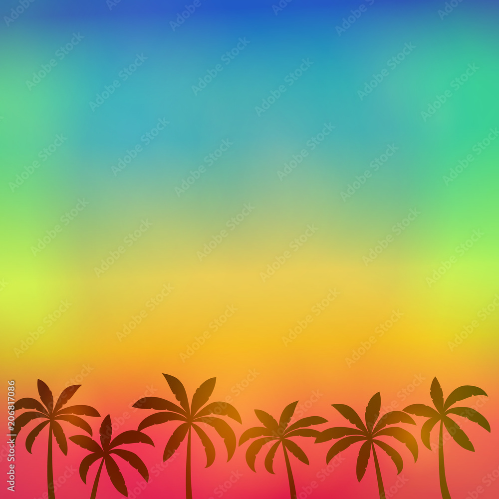 Silhouette of palm trees on colourful sky - summer background with copyspace. Vector.