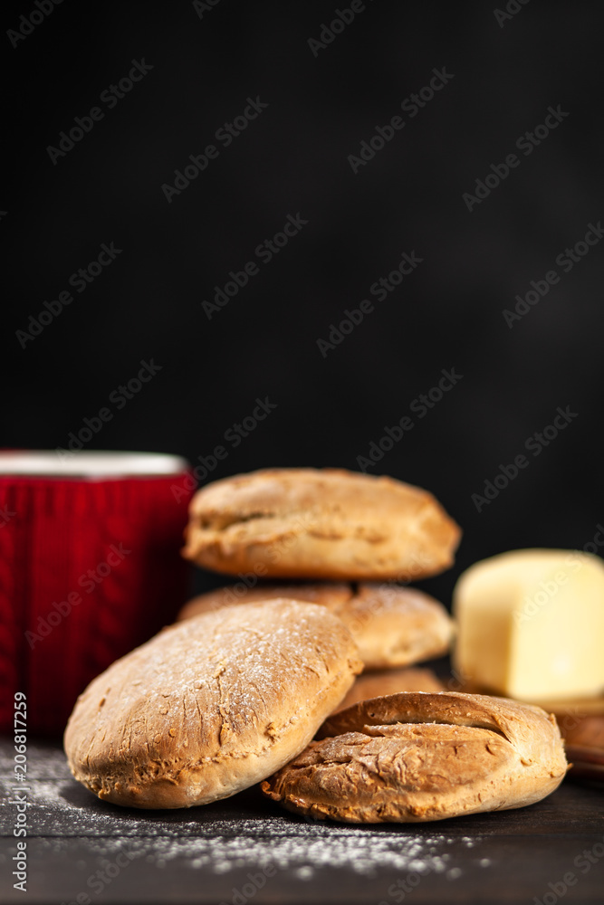 Homemade buns on dark background