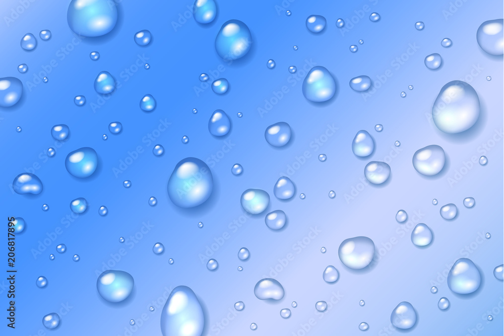 Vector shiny clear water drops on glass with blue background
