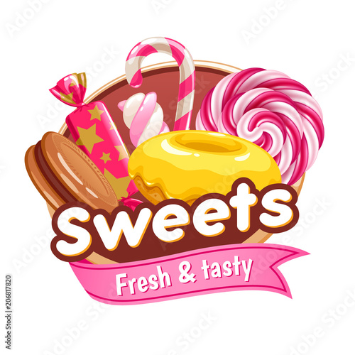 Candies and sweets colorful poster or badge.