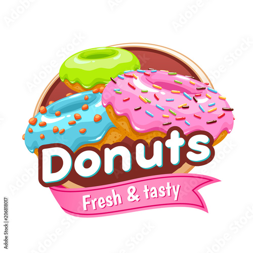Donuts colorful poster or badge.