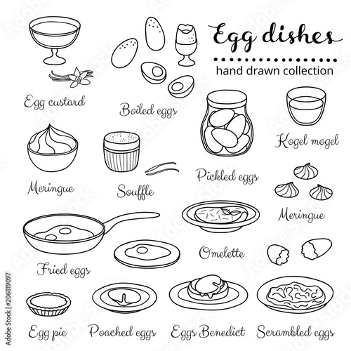 Set of hand drawn egg dishes.