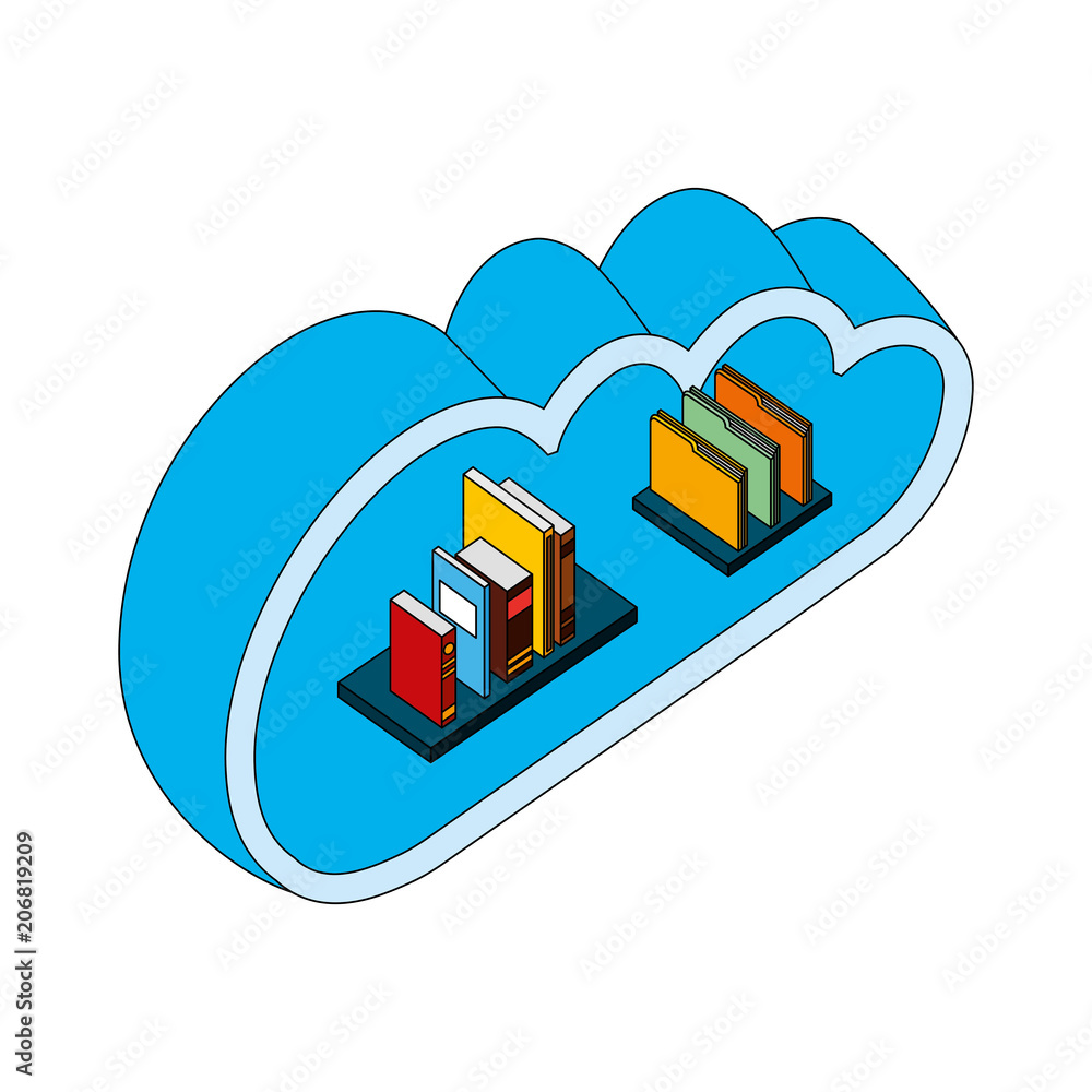 cloud storage books folder documents information isometric vector illustration