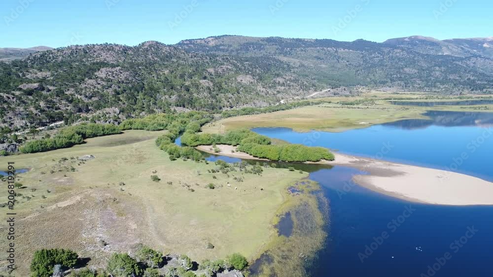 Aerial drone scene of Pulmari lake with rock island, trees,araucarias, steppe and blue sky. Camera moving forwards throw the river. Aerial drone scene of Pulmari lake with rock island, trees,araucarias, steppe and blue sky. Camera moving forwards throw the river.