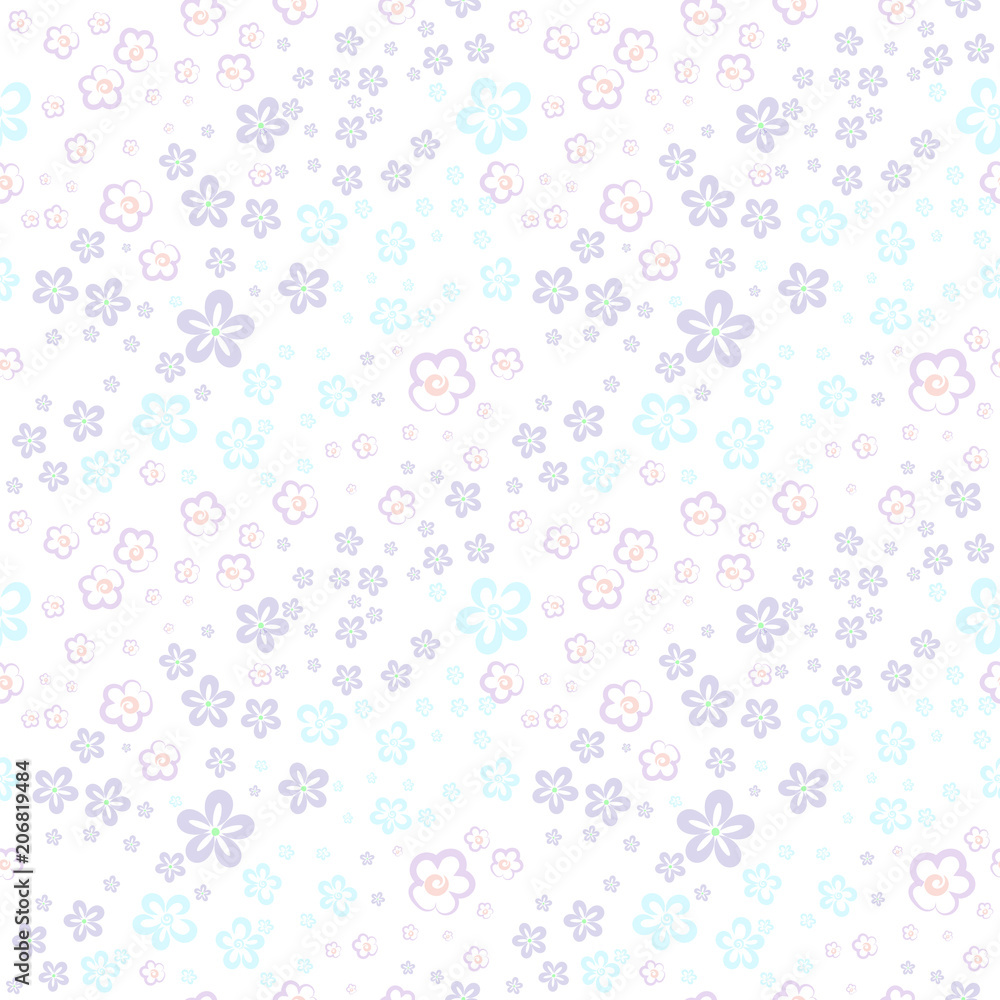 Vector seamless floral pattern from small decorative hand-drawn flowers on a white background in pastel light colors