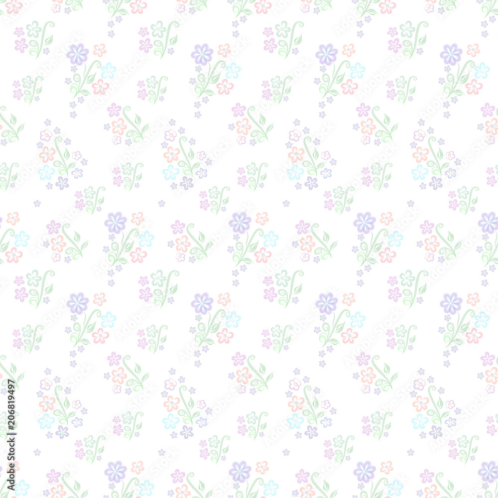 Delicate pastel vector seamless floral pattern small decorative hand-drawn bouquets of flowers on a white background
