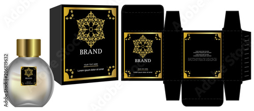 Packaging design, Label on cosmetic container with black and gold luxury box template and mockup box. illustration vector.	