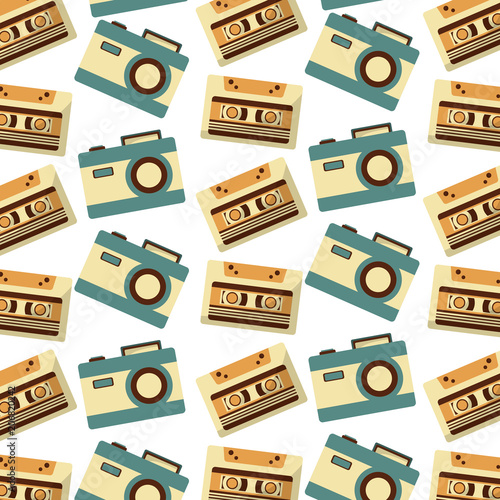 cassette and camera photographic music retro pattern vector illustration design