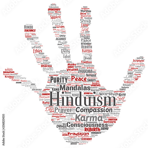 Vector conceptual hinduism, shiva, rama, yoga hand print stamp word cloud isolated background. Collage of mandalas, samsara, celebration, tradition, peace, compassion, rebirth, karma, dharma concept
