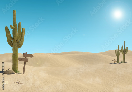 Sandy desert landscape with cactus and wooden sign on blue sky background, 3D Rendering photo