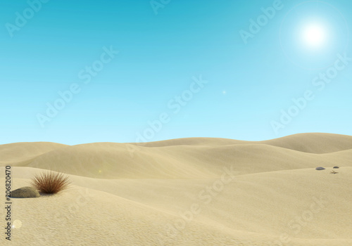 Empty sandy desert landscape and blue sky background, 3D Rendering