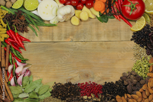 spices frame on wooden background with copy space