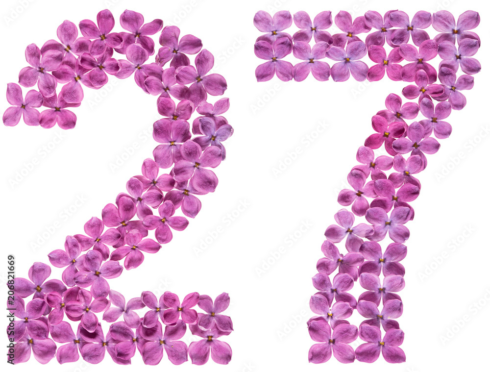 Arabic numeral 27, twenty seven, from flowers of lilac, isolated on white background Arabic numeral 27, twenty seven, from flowers of lilac, isolated on white background