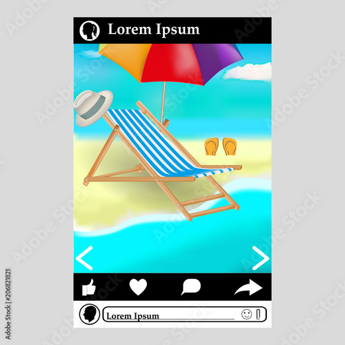 Vector image of a photo with a summer vacation on the beach located in social networks. Chaise-longue, slippers, panama, umbrella from the sun.