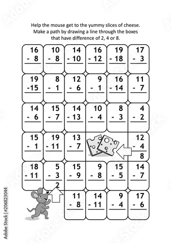 Fotografi Math maze with subtraction facts: Help the mouse get to the yummy slices of cheese