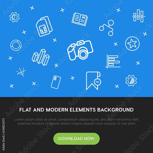 charts, mobile, photos, bookmarks outline vector icons and elements background concept on blue background.Multipurpose use on websites, presentations, brochures and more