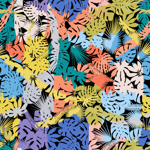 Exotic paradise plant seamless pattern. Art jungle , leaves and tropic palm tree. Print trendy multicolor silhouette painting brash floral summer vector background