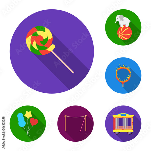Circus and attributes flat icons in set collection for design. Circus Art vector symbol stock web illustration.