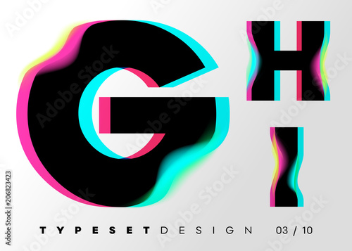 Vector Typeset Design. Neon Glitch Style. Black Bold Font, Double Exposure. Abstract Colorful Type for Creative Heading, Advertising Placard, Music Poster, Sale Banner. Trendy Neon Glowing Letters.