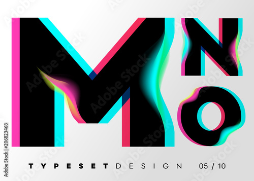 Vector Typeset Design. Neon Glitch Style. Black Bold Font, Double Exposure. Abstract Colorful Type for Creative Heading, Advertising Placard, Music Poster, Sale Banner. Trendy Neon Glowing Letters.