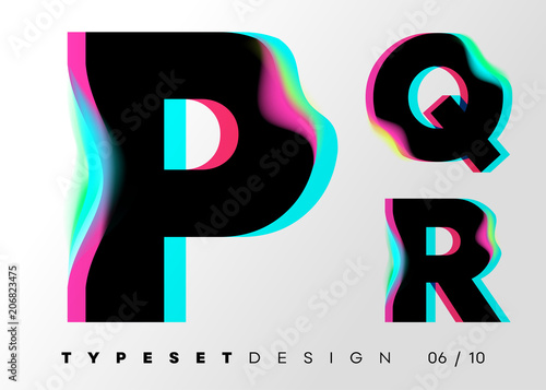 Vector Typeset Design. Neon Glitch Style. Black Bold Font, Double Exposure. Abstract Colorful Type for Creative Heading, Advertising Placard, Music Poster, Sale Banner. Trendy Neon Glowing Letters.