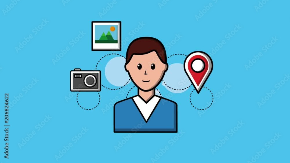 young man pointer map camera and photo viral content animation hd young man pointer map camera and photo viral content animation hd