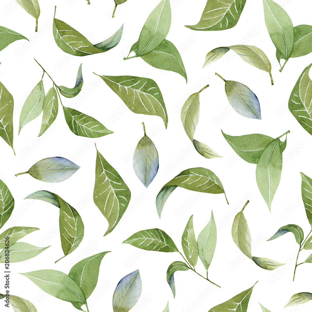 Seamless floral pattern with watercolor green leaves, hand drawn isolated on a white background