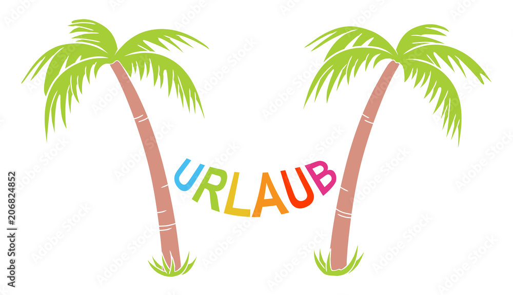 Obraz premium Zwei Palmen mit Hängematte „URLAUB“ / Farbig / Flat Design
