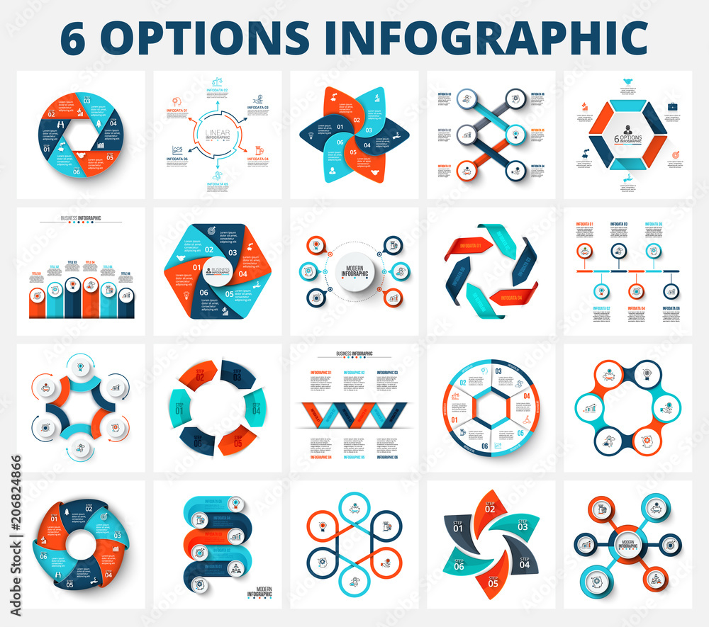 Vector bundle infographics elements. Business template presentations. Circles, hexagons, arrows and other abstract elements with 6 steps, options, parts or processes.