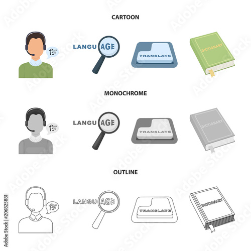 A translator in headphones, a magnifying glass showing translation, a button with an inscription, a book with a bookmark. Interpreter and translator set collection icons in cartoon,outline,monochrome