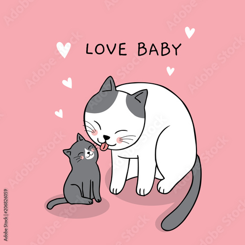 Cartoon cute mom and baby cat vector.