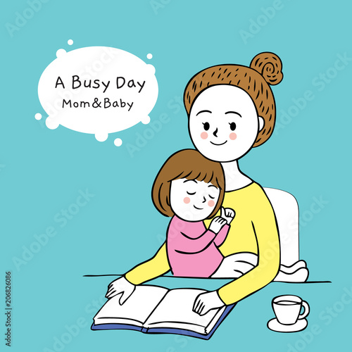 Cartoon cut busy day mom and daughter vector.