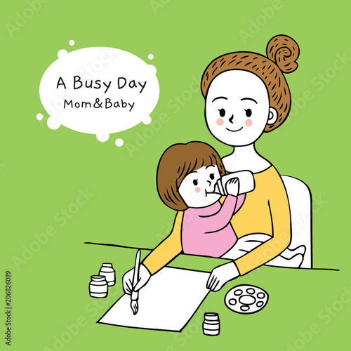 Cartoon cut busy day mom and daughter vector.