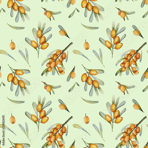 Watercolor sea buckthorn berries seamless pattern  hand painted on a light green background