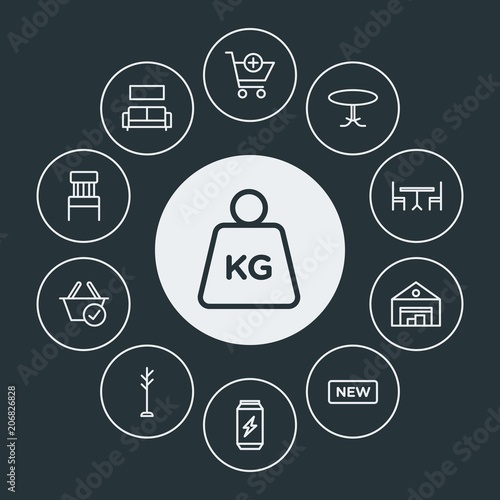 drinks, shopping, furniture Infographic Circle outline Icons Set. Contains such Icons as  measurement,  coat,  room,  container, sofa, furniture, stand,  cart and more. Fully Editable. Pixel Perfect