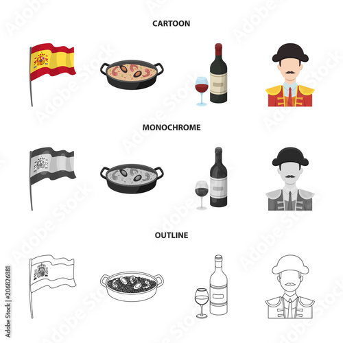 Flag with the coat of arms of Spain, a national dish with rice and tomatoes, a bottle of wine with a glass, a bullfighter, a matador. Spain country set collection icons in cartoon,outline,monochrome