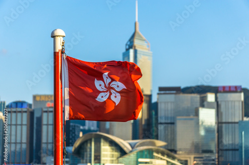 Canvas Print flag of hongkong and city skyline