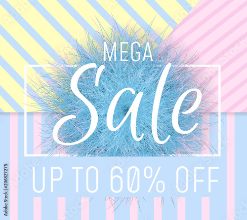 Sale banner background. 3d Fluffy fur ball