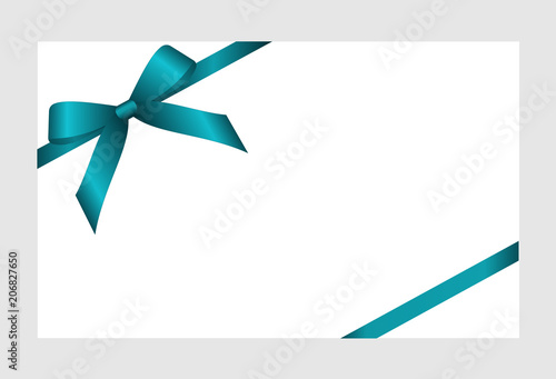 Invitation, Greeting or Gift Card With turquoise Ribbon And A Bow  on white background.  Gift Voucher Template with  place for text.