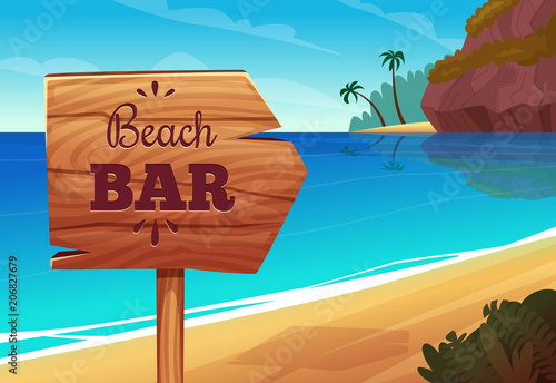 Summer background with wooden signboard on the beach