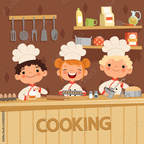 Background illustrations of kids preparing food on the kitchen