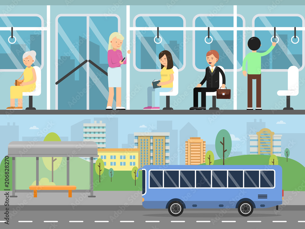 Horizontal banners with illustrations of urban landscape with transport stations. Bus interior with passengers