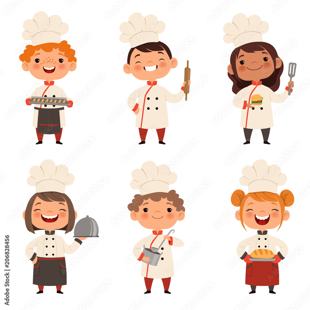 Characters set of children cooks. Cartoon mascots in various dynamic poses Characters set of children cooks. Cartoon mascots in various dynamic poses