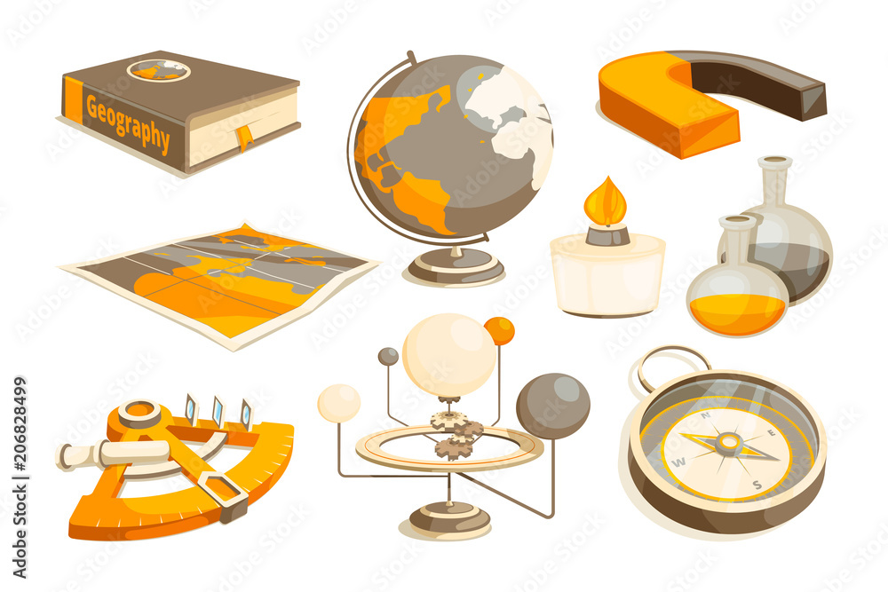 Symbols of science and geography. Tools for laboratory. Vector monochrome pictures set